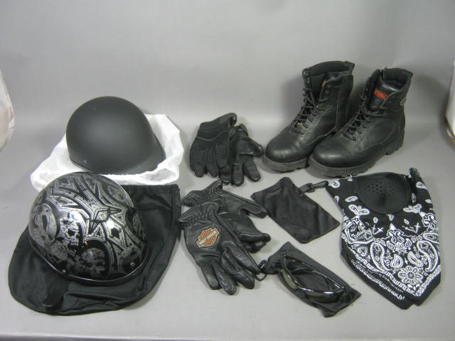 2 Helmets Zan Face Mask Harley Davidson Motorcycle Boots Gloves Safety Glasses +