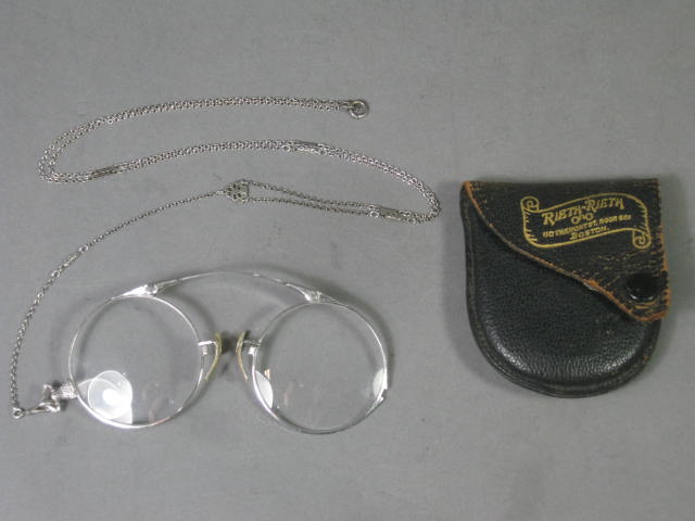 Antique Folding Pince Nez Eye Glasses 14K SPG White Gold + Sterling Silver Chain
