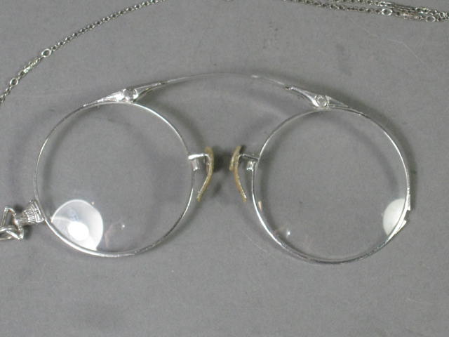 Antique Folding Pince Nez Eye Glasses 14K SPG White Gold + Sterling Silver Chain 1