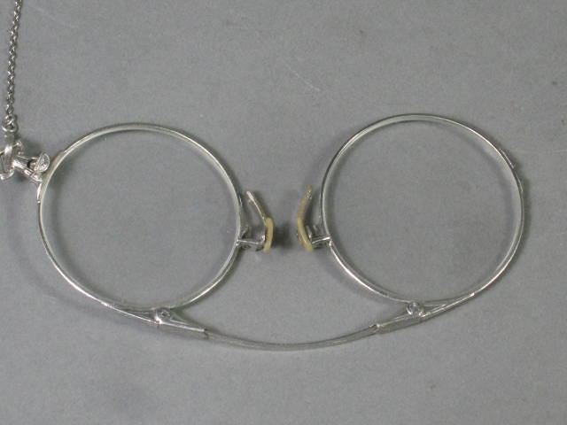 Antique Folding Pince Nez Eye Glasses 14K SPG White Gold + Sterling Silver Chain 2
