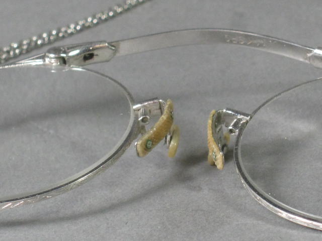 Antique Folding Pince Nez Eye Glasses 14K SPG White Gold + Sterling Silver Chain 4