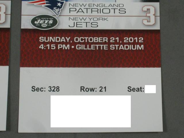 2 New England Patriots New York Jets NFL Tickets 10/21 Gillette Brady vs Sanchez 2