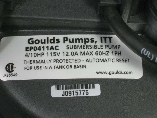 Goulds Submersible Sump Effluent Sewage Pump EP0411AC 4/10HP 115V 12A 60Hz 1PH 3