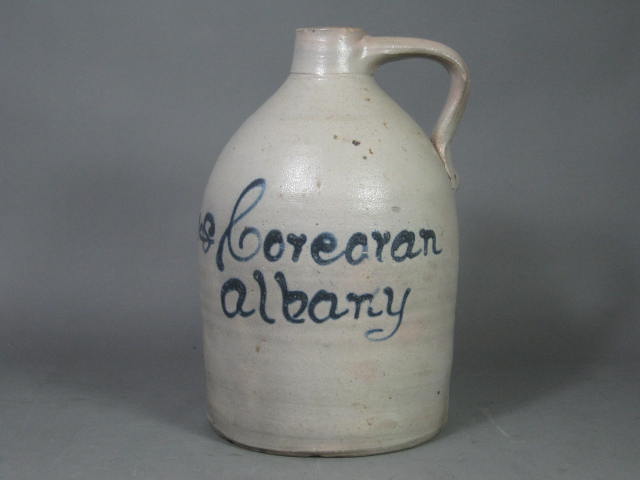 Antique 1800s Stoneware Salt Glaze Jug Bleecker & Corcoran Albany NY Cobalt Blue