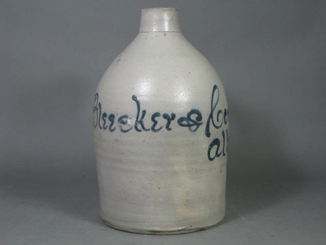 Antique 1800s Stoneware Salt Glaze Jug Bleecker & Corcoran Albany NY Cobalt Blue 1