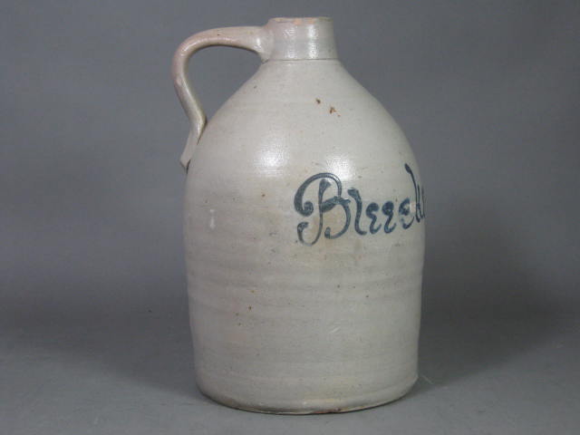 Antique 1800s Stoneware Salt Glaze Jug Bleecker & Corcoran Albany NY Cobalt Blue 2