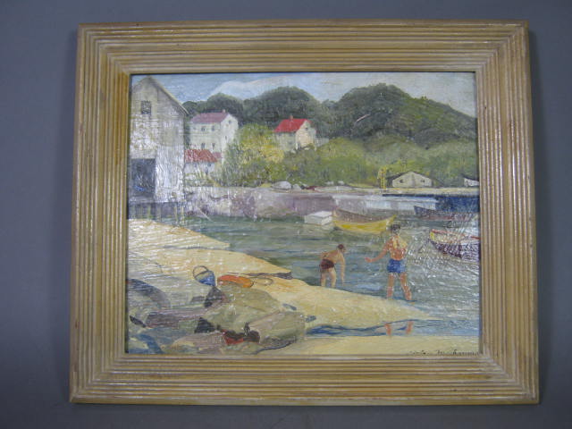 Vintage Helen M Thomas Oil Painting Art Beach Shore Boats Framed Canvas No Res!