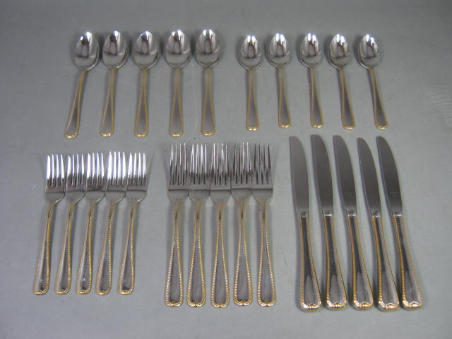 25-Pc Set Gorham Stainless Golden Ribbon Edge Flatware For 5 Forks Spoons Knives