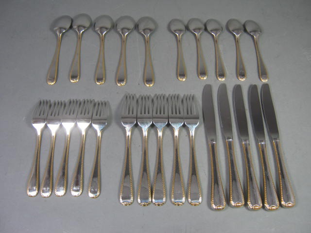 25-Pc Set Gorham Stainless Golden Ribbon Edge Flatware For 5 Forks Spoons Knives 2