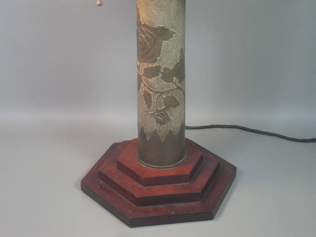 Antique WWI WW1 Trench Art Brass Artillery Shell Casing Rose Lamp w/Shades 26" 2