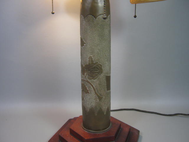 Antique WWI WW1 Trench Art Brass Artillery Shell Casing Rose Lamp w/Shades 26" 5