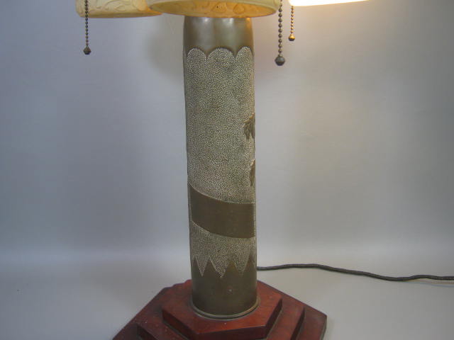 Antique WWI WW1 Trench Art Brass Artillery Shell Casing Rose Lamp w/Shades 26" 6