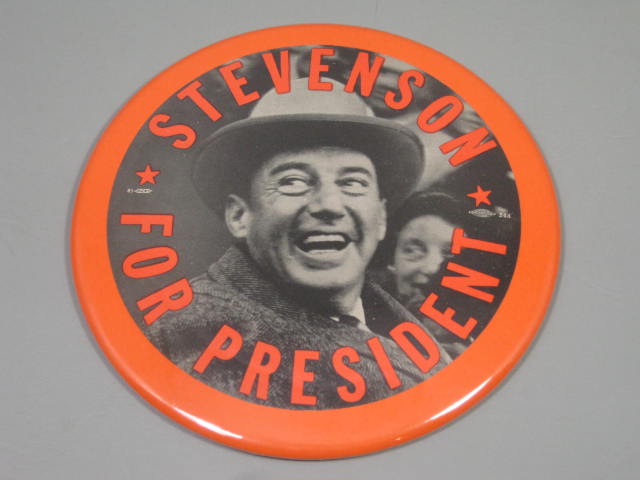 1952 1956 Adlai Stevenson Smiling Orange Text Campaign Pin Pinback Button 6" NR!