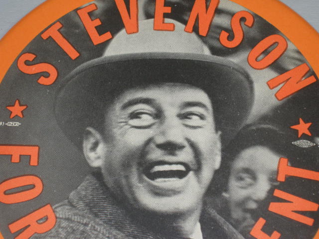 1952 1956 Adlai Stevenson Smiling Orange Text Campaign Pin Pinback Button 6" NR! 1