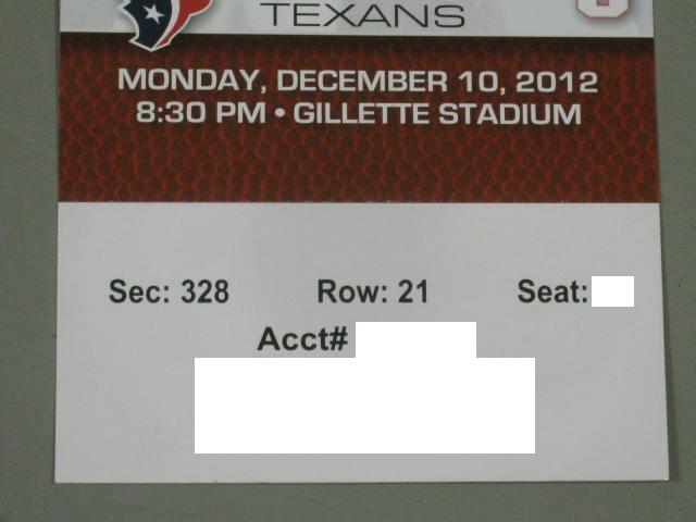 2 New England Patriots Houston Texans Tickets 12/10 Monday Night Football NO RES 2