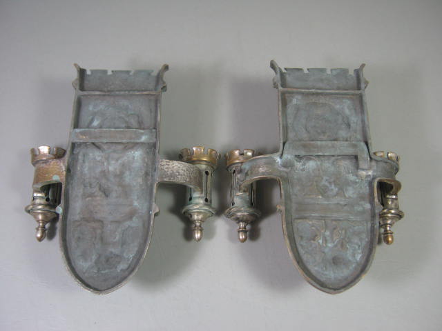 Pair 2 Vtg Brass Metal Gothic Victorian Medieval Castle Wall Sconces Antique? NR 2