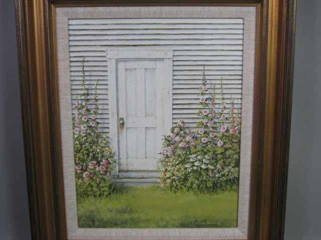 Vermont Artist Corliss Blakely Original Framed Oil Painting Hollihocks Variation 1
