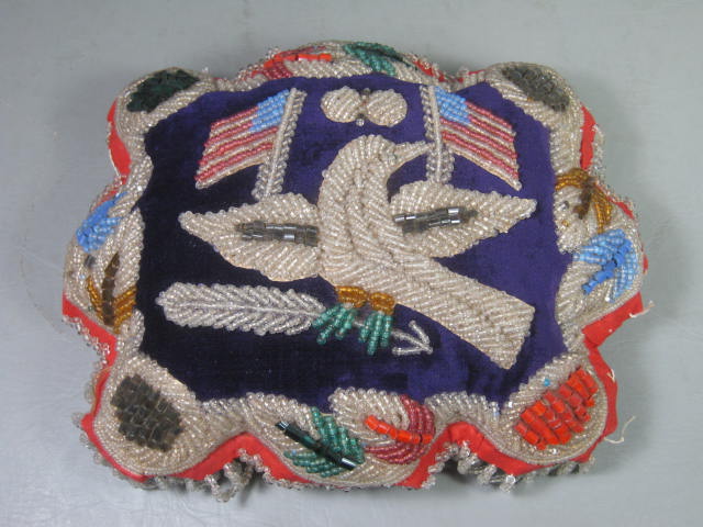 Vtg Hand Beaded Pillow Pin Cushion W/ U.S. American Flag Bald Eagle Nova Scotia
