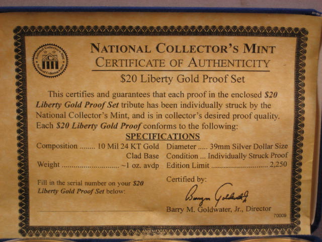 National Collectors Mint $20 Liberty Gold Proof Set NR 8