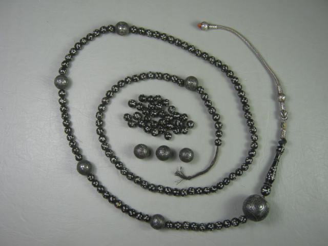RARE Antique Prayer Bead Necklace Black Coral Silver Inlay Islamic Yemen 89 gram