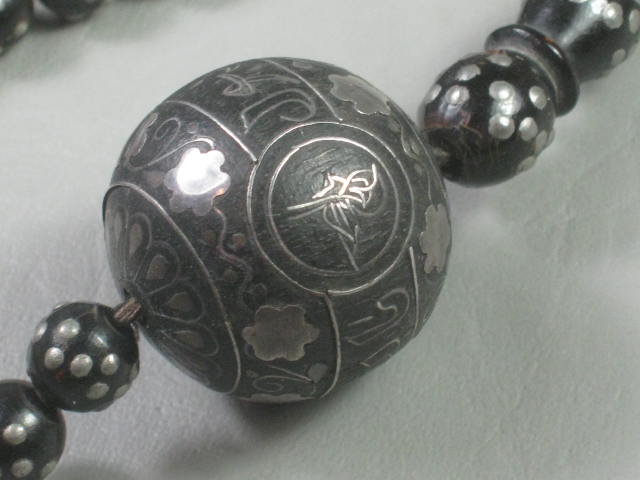 RARE Antique Prayer Bead Necklace Black Coral Silver Inlay Islamic Yemen 89 gram 1