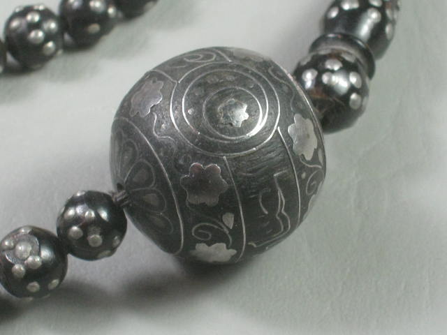 RARE Antique Prayer Bead Necklace Black Coral Silver Inlay Islamic Yemen 89 gram 3