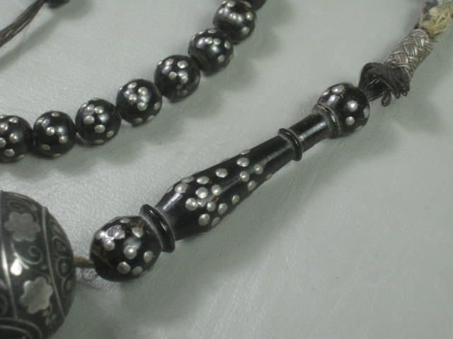 RARE Antique Prayer Bead Necklace Black Coral Silver Inlay Islamic Yemen 89 gram 4