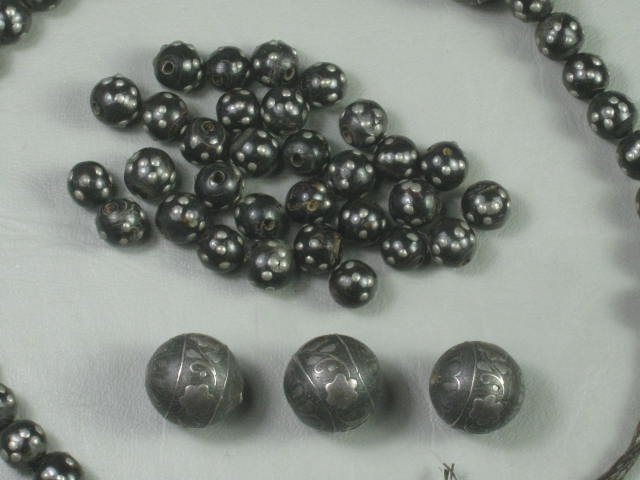 RARE Antique Prayer Bead Necklace Black Coral Silver Inlay Islamic Yemen 89 gram 7