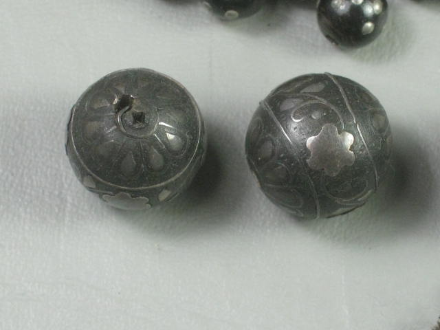RARE Antique Prayer Bead Necklace Black Coral Silver Inlay Islamic Yemen 89 gram 10