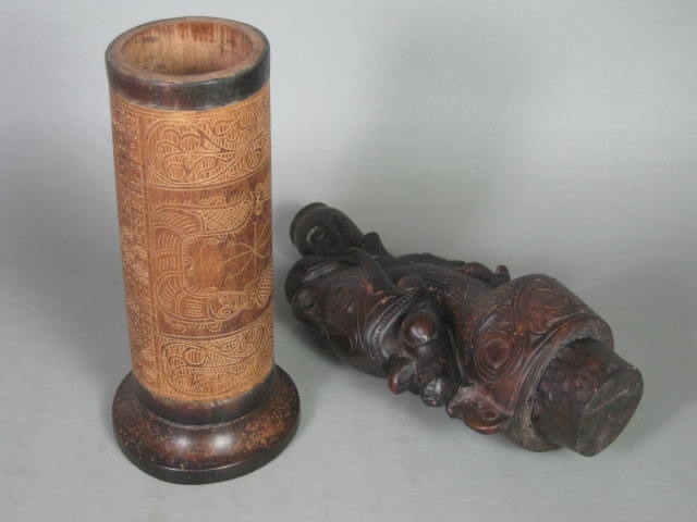 Vtg Antique Asian Ethnic Wood Carving Figurine Medicine Container Bamboo Box NR! 8