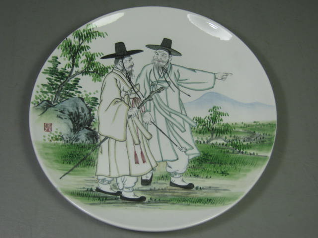 RARE Vtg Antique 12" Korea Ironstone Hand Painted Korean Plate Couple Peacock NR