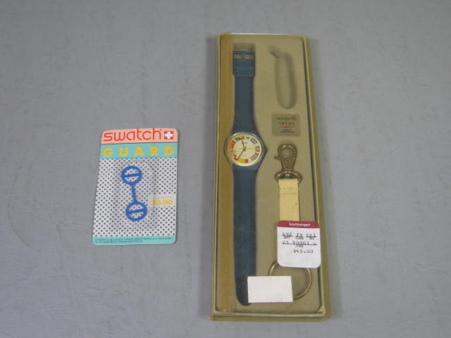 Vtg 1984 12 Flags Nautical Swatch Blue Watch 755 Gift Set GS101 + Guard Keychain