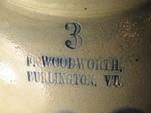 Antique 3 Gal Stoneware Crock F Woodworth Burlington VT 6