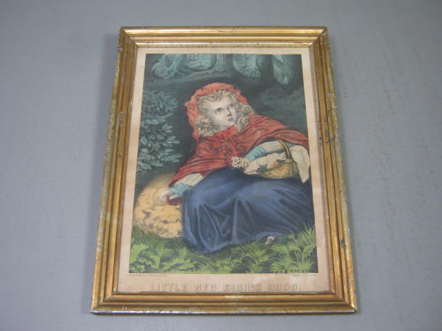 Antique Currier & Ives Hand Colored Lithograph Print Little Red Riding Hood NR!