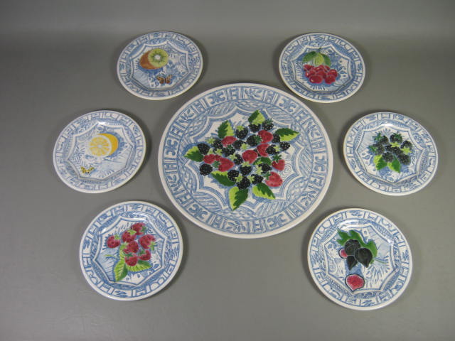 7 Glen Osieau Bleu Plates Fruit Design France 6 1/2" Salad/Dessert 12" Cake NR!