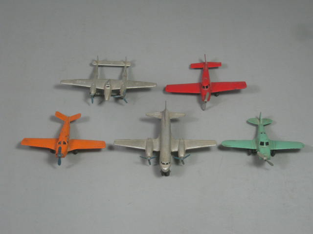 5 Vtg Tootsietoy Metal Airplanes Beechcraft Bonanza Piper Cub P-38 + Navion NR!