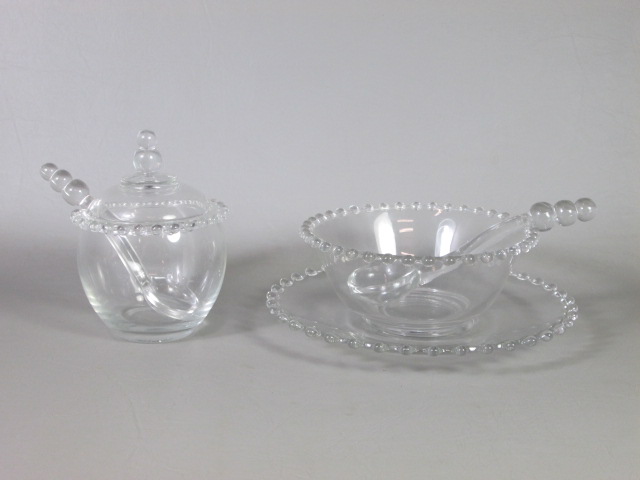 Imperial Glass Candlewick Marmalade w/Lid Spoon + Mayonnaise Bowl Dish Plate Set