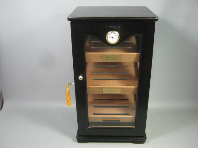 Display Locking Wooden Glass Cabinet Cigar Humidor Hygrometer 23" Countertop NR