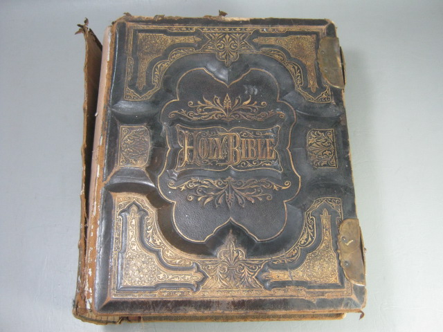 Antique 1873 Potter Holy Bible Bell Family Leather Brass Clasp Color Plates Maps 2