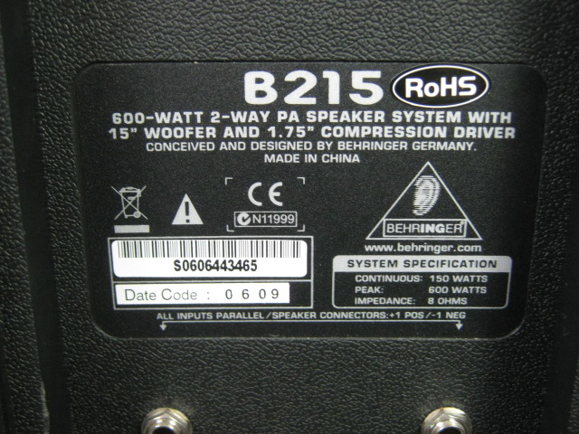 Behringer B215 600 Watt 2 Way PA Speaker Monitor System 15" Woofer 1.75" Driver 4