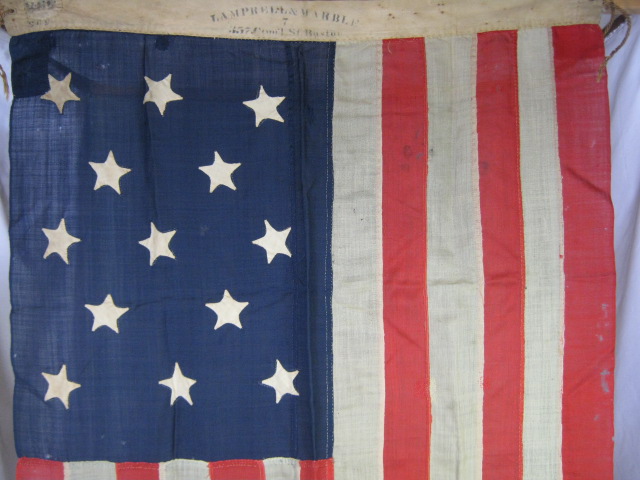 Antique Mid-1800s Lamprell & Marble Boston 13-Star Handsewn U.S US American Flag 7