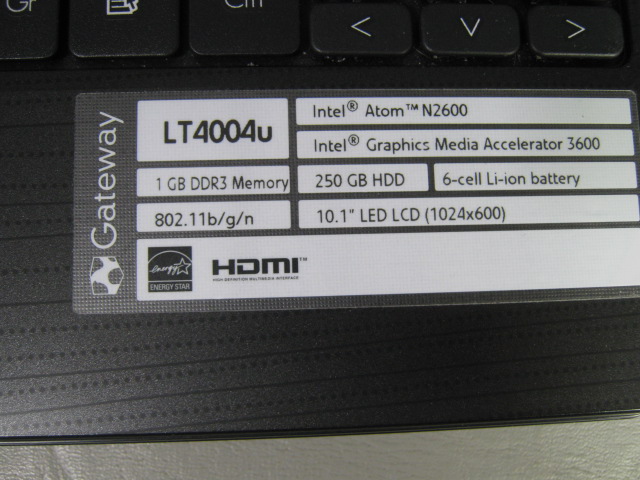 Gateway LT4004U Netbook 10.1" Screen 250 GB Intel Atom N2600 1.6 GHz 1 GB DDR3 1