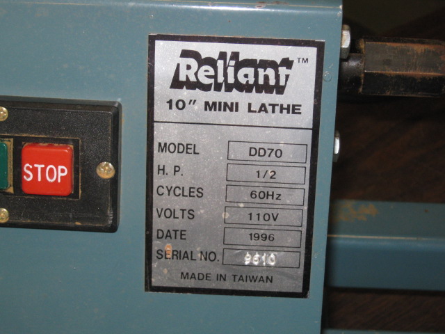1996 Reliant Model DD70 10" Mini Wood Lathe W/ 24" Throat 1/2 HP 60Hz 110V NR!!! 2