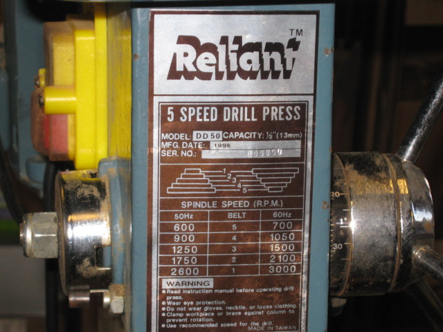 Reliant DD50 5 Speed Drill Press 1/2" 1/3 HP 110V 60Hz 1720 RPM .25 KW 1.5 Amp 9
