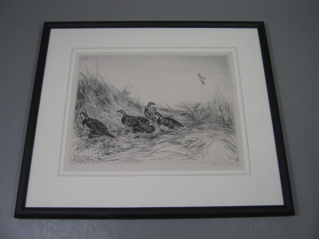 Vtg Roland Clark Signed Sporting Hunting Drypoint Etching Game Birds Quail Hawk