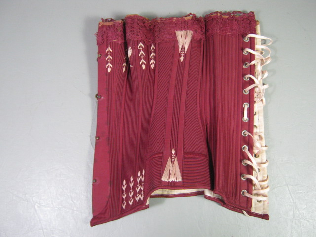 Vintage Antique 1800s Burgundy Red Corset W/White Slip Victorian Lace Thread NR!