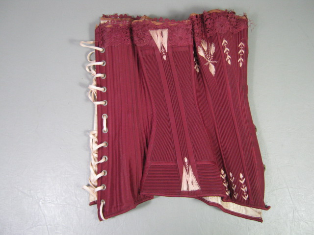 Vintage Antique 1800s Burgundy Red Corset W/White Slip Victorian Lace Thread NR! 1
