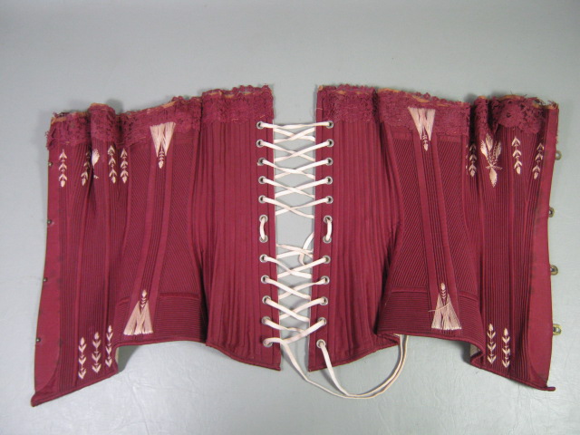 Vintage Antique 1800s Burgundy Red Corset W/White Slip Victorian Lace Thread NR! 6