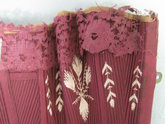 Vintage Antique 1800s Burgundy Red Corset W/White Slip Victorian Lace Thread NR! 7