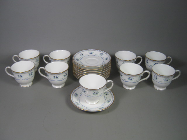 9 Lenox Orleans Blue Bone China Tea Coffee Cups & 10 Saucers Set Floral Gold NR!